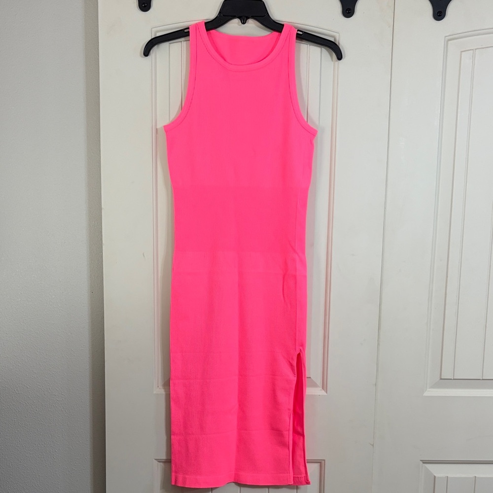 Neon Pink Sleeveless Midi Dress with Side Slit